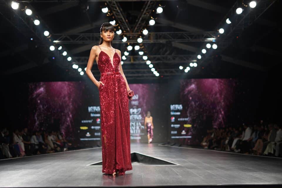 Luxury fashion red dress catwalk featured